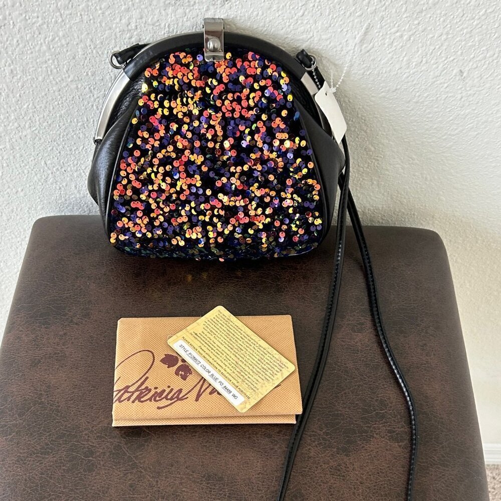 Patricia Nash PORTAFINA Leather Sequined Frame Crossbody Bag BLACK BLUE nwt - Picture 2 of 12